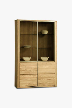 Tömör tölgyfa kétdrészű vitrines szekrény, üvegpolcokkal, 199 cm magas